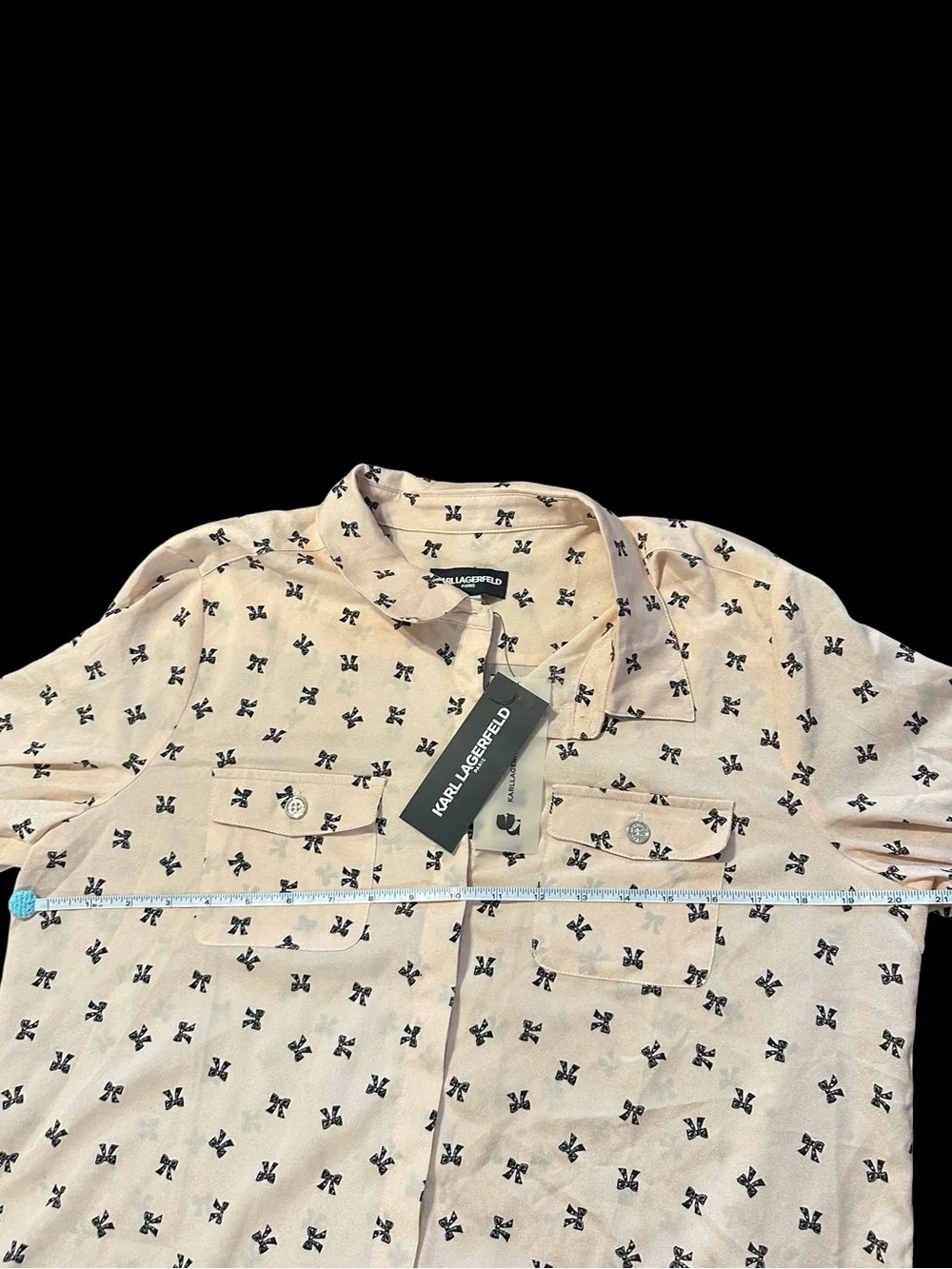 NWT Karl Lagerfeld Pale Pink Bow-Print Button Up Shirt - Picture 7 of 12
